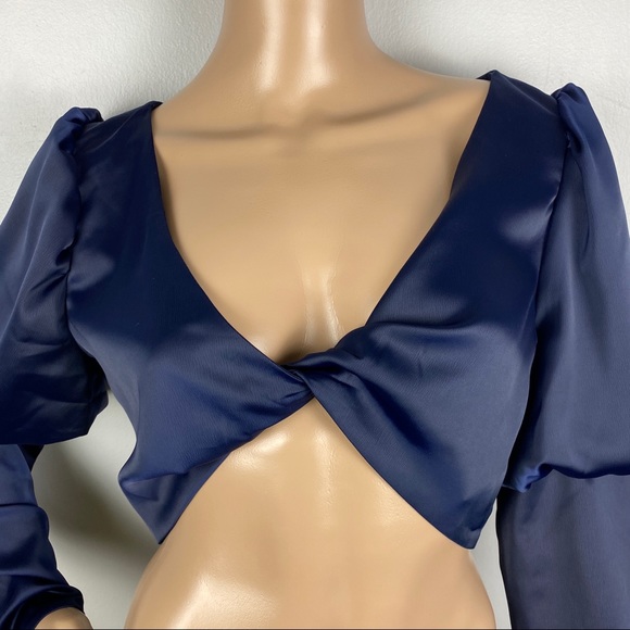 NEW NBD REVOLVE BLUE SATIN LONG SLEEVE CROP TOP - Picture 3 of 8